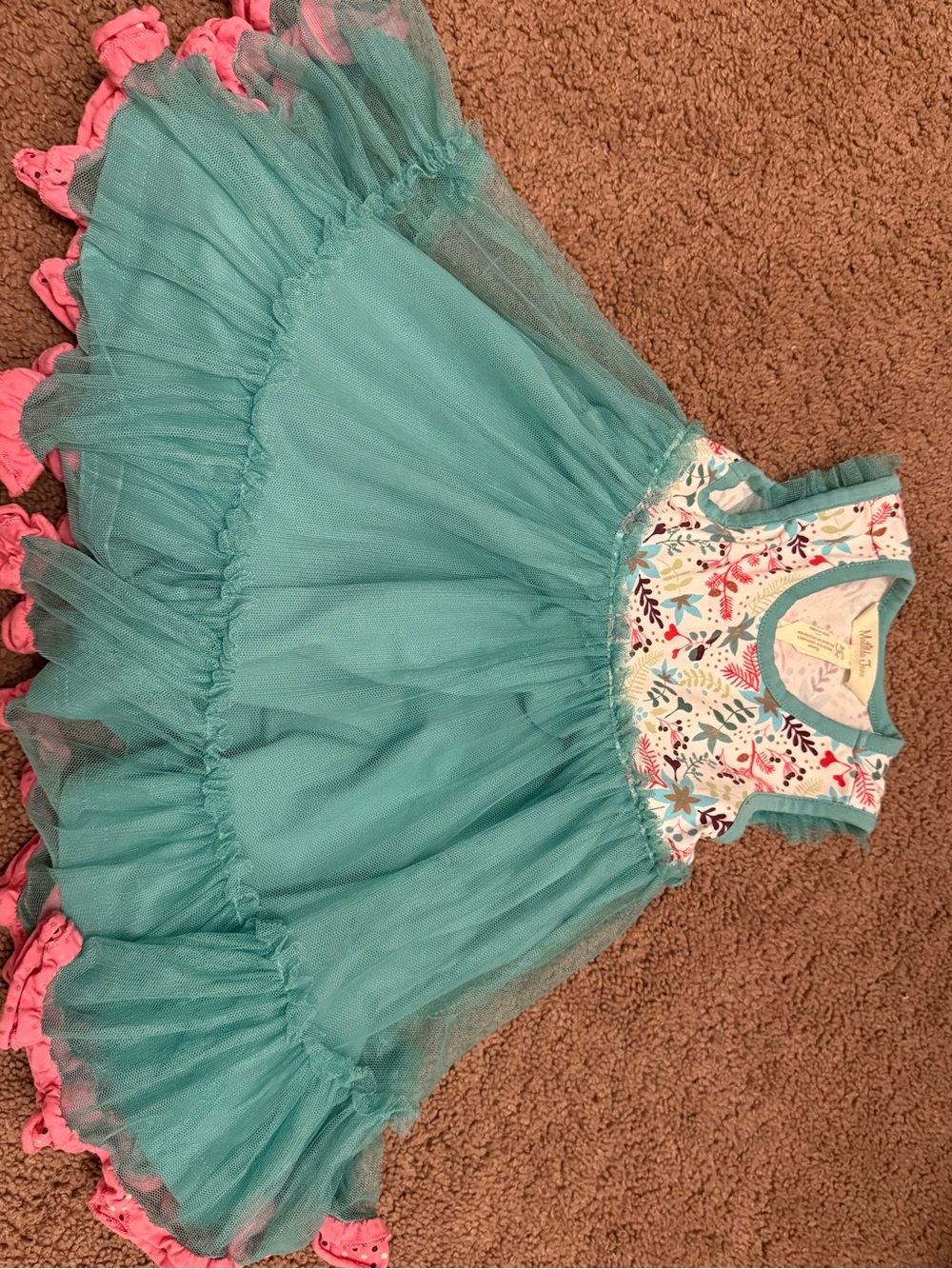 Matilda Jane Teal Tulle Floral Bodice Dress with Pink Trim